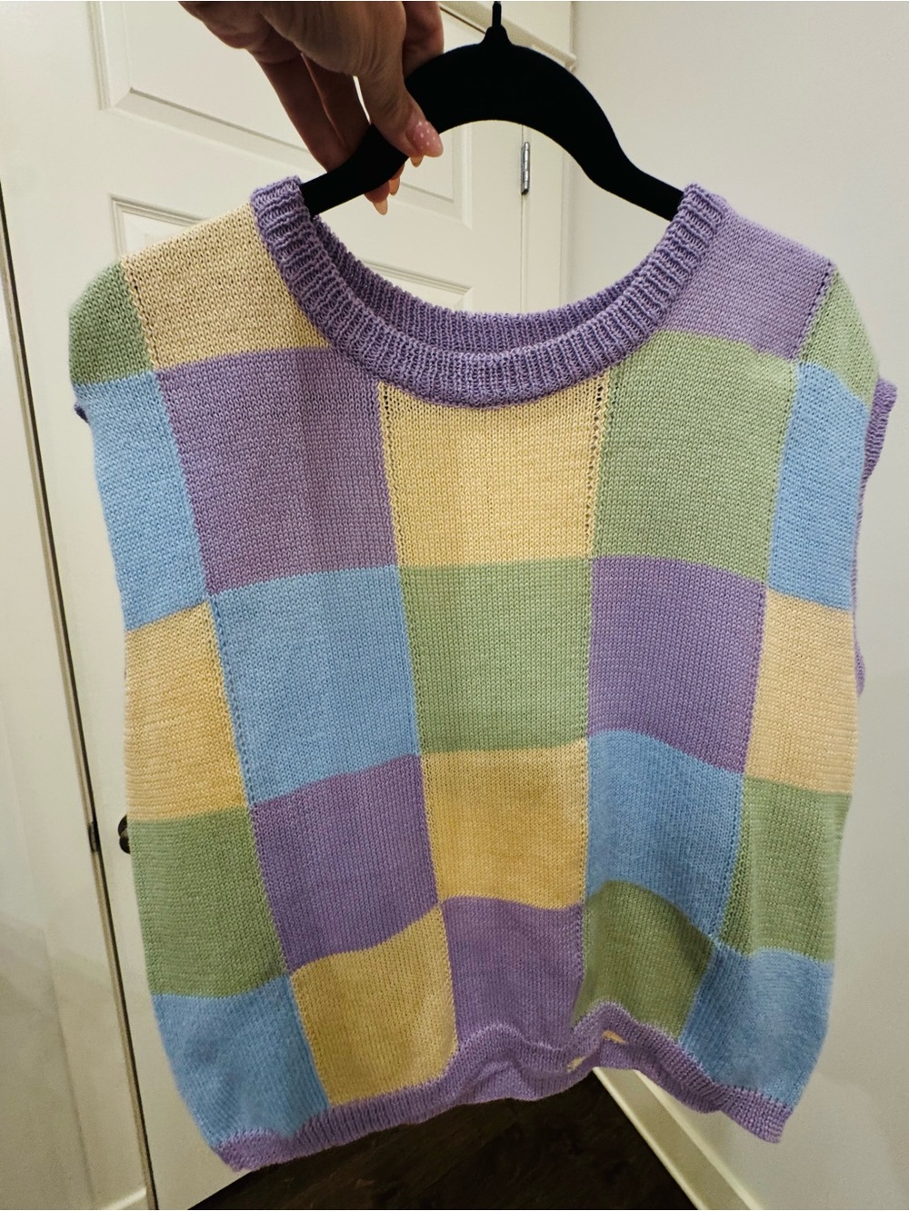 Pastel Patchwork Crewneck Sweater Vest - Lavender, Yellow, Mint, Sky